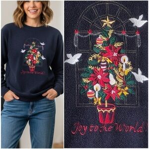 Basic Editions Vintage Joy to the World Embroidered Christmas Fleece Sweatshirt